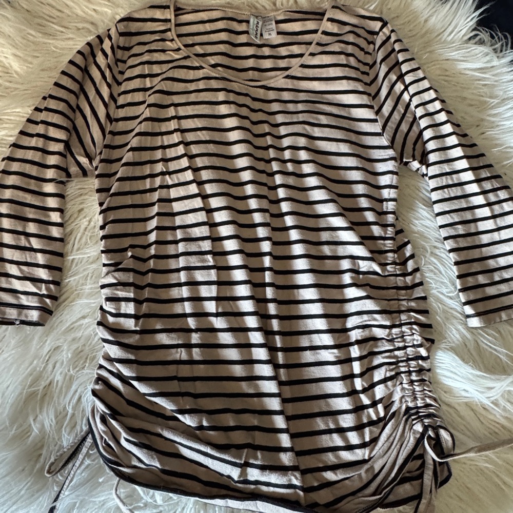 Oh! Mamma Tan and Black Striped 3/4 Sleeve Maternity Top